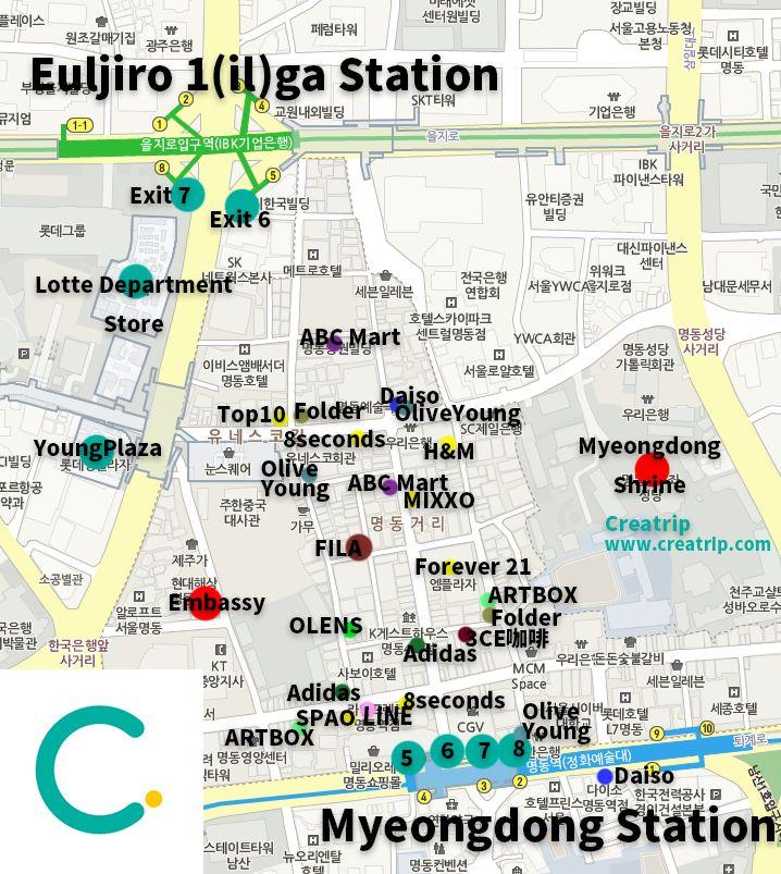 Euljiro shopping map featuring locations of renowned retail outlets and department stores in Myeongdong, South Korea.